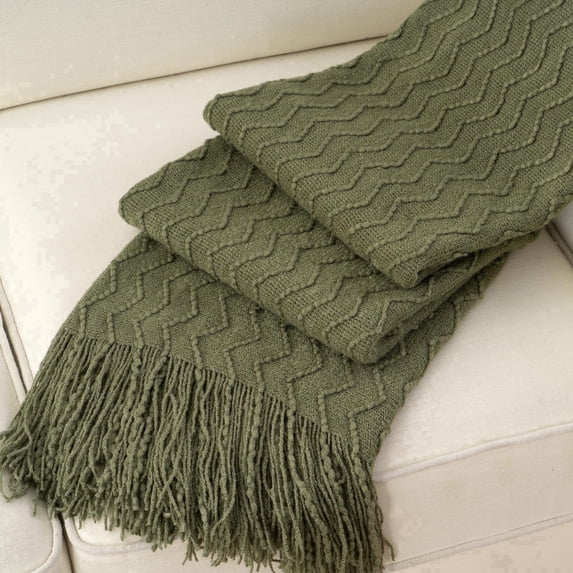 Battilo Olive Green Throw Blanket,Green Textured Knit Throws,Spring Blanket for Sofa Bed,50"x60"