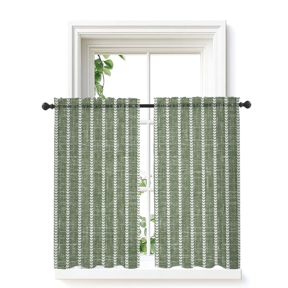 Olive Green Tier Curtains 45 Inch Length,Sheer Curtains for Bedroom Living Room Vintage Traditional Vertical Stripes Texture Short Kitchen Curtains Drapes for Small Half Window 27.5"x45" 2 Panels