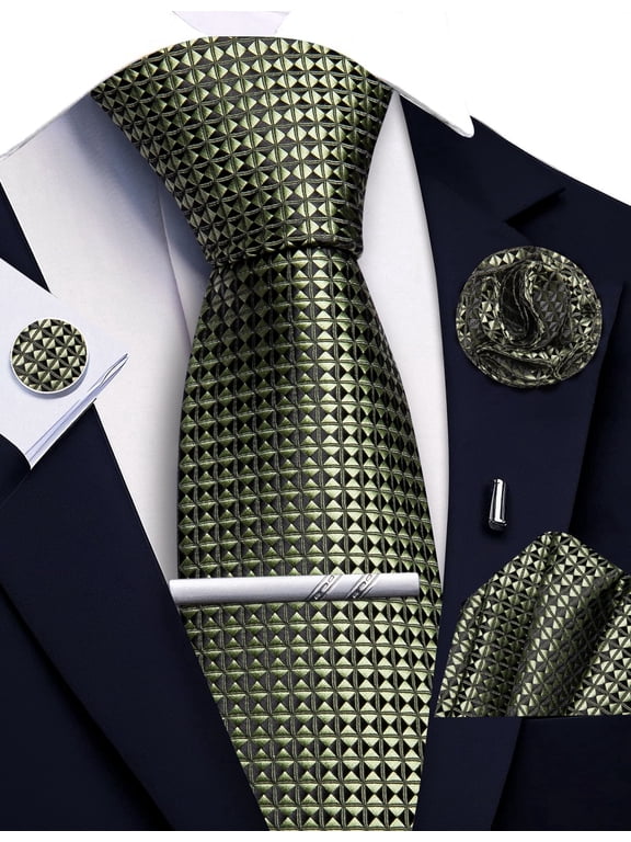 Olive Green Ties for Men Plaid Checkered Tie Set Silk Necktie Pocket Square Handkerchief Cufflinks Lapel Pin Tie Clip