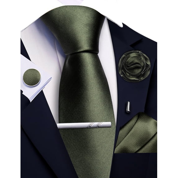 Olive Green Ties for Men Silk Satin Necktie and Pocket Square Cufflinks Tie Clip Lapel Pin Set Wedding Business 5PCS