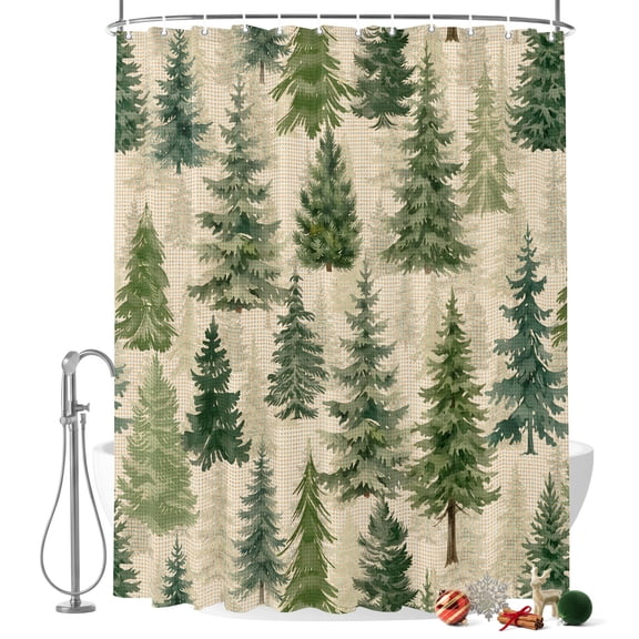 Olive Green Tree Shower Curtain, Rustic Woodland Spruce Fir Needle Pine Trees Waterproof Shower Curtain Set with 12 Hooks Winter Bath Curtains Lightweight Bathroom Decor 36x72 Inches