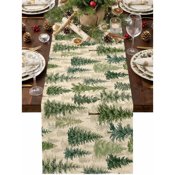 Olive Green Tree Table Runner 48 Inches Long, Rustic Woodland Spruce Fir Needle Pine Trees Cotton Linen Dining Table Runner Dresser Scarves for Home Kitchen Party Decor 13"x48"