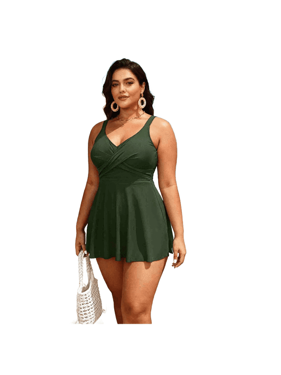 Olive Green Tummy Control Flared Swim Dress