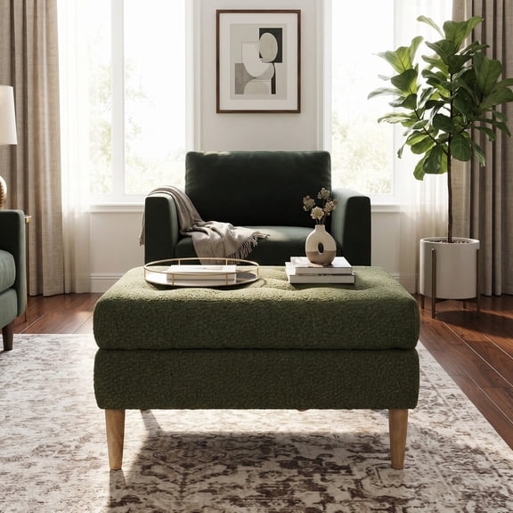 Olive Green Upholstered Ottoman with Solid Rubber Wood Legs