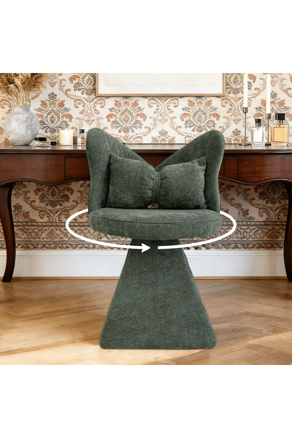 Olive Green Vanity Stool with Butterfly Back, 360° Swivel Shiny Chenille Velvet Ottoman Stool for Makeup Room & Bar (Olive Green)