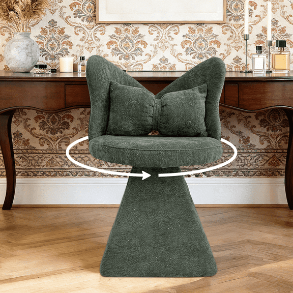 Olive Green Vanity Stool with Butterfly Back, 360° Swivel Shiny Chenille Velvet Ottoman Stool for Makeup Room & Bar (Olive Green)
