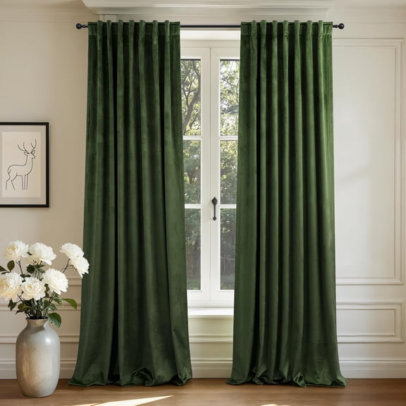 Olive Green Velvet Curtains 108 Inches Long 2 Panels Dark Green Back Tab Drapes for Sliding Glass Door Living Room Bedroom