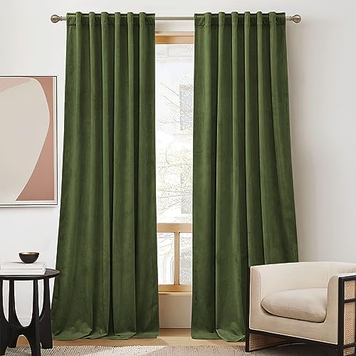 View of Olive Green Velvet Curtains 90 inches Long - Room Darkening Luxury ...