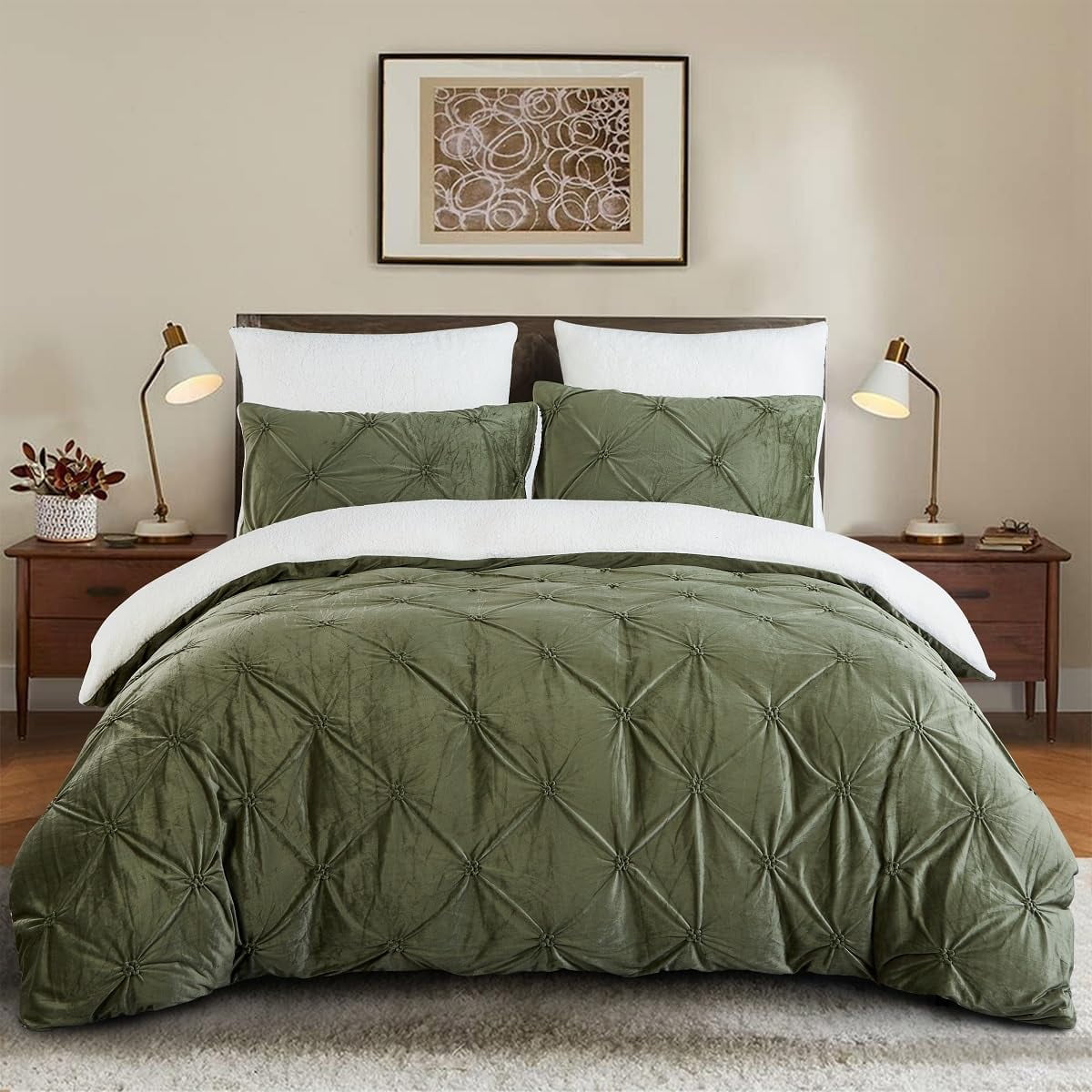 Olive Green Velvet Duvet Cover Pinch Pleated Duvet Cover Bedding Set Reversible Fuzzy Cashmere