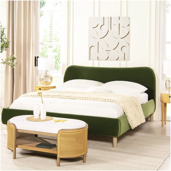 Olive Green Velvet King Bed Frame with Curved Headboard, Wood Slat Support, No Box Spring Needed