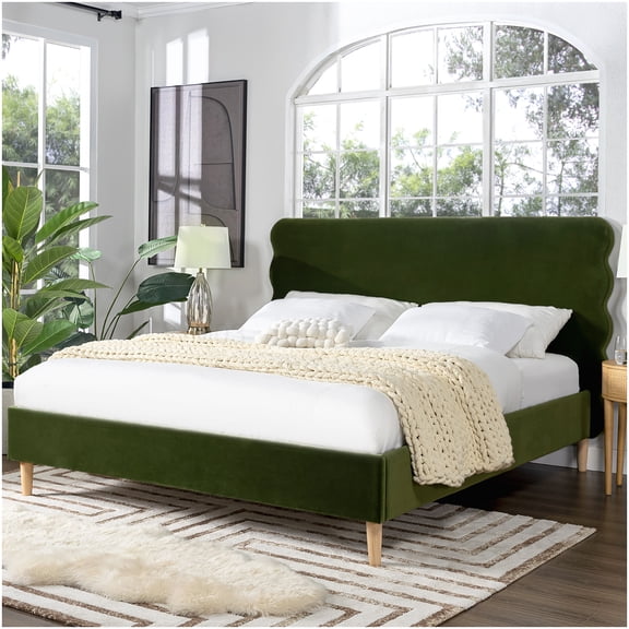 Olive Green Velvet King Size Bed, Wavy Headboard Upholstered Platform Frame with Solid Wood Slats, No Box Spring