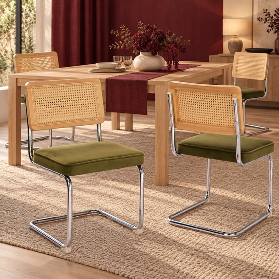 Olive Green Velvet Modern Rattan Dining Chairs Set of 4, Cane Back, Dinning Chairs, Sillas de Comedor, Upholstered Mid Century Modern Dining Room Chair, Chrome Metal Kitchen Chair