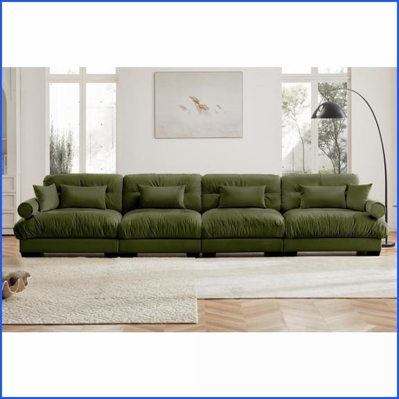 Olive Green Velvet Modular Sectional Sofa – Oversized Deep Seat Cloud Couch with Movable Ottoman, Convertible L-Shaped for Living Room