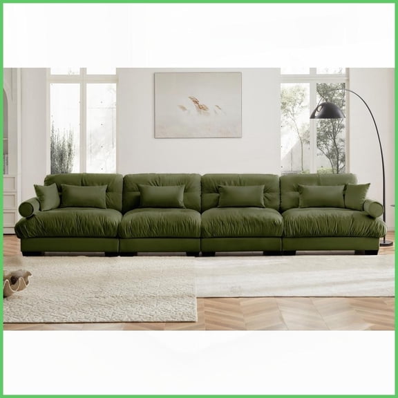 Olive Green Vintage Velvet Modular Sectional Sofa - Cloud-Like Deep Seat with Bolstered Armrests & Movable Ottoman for Living Room