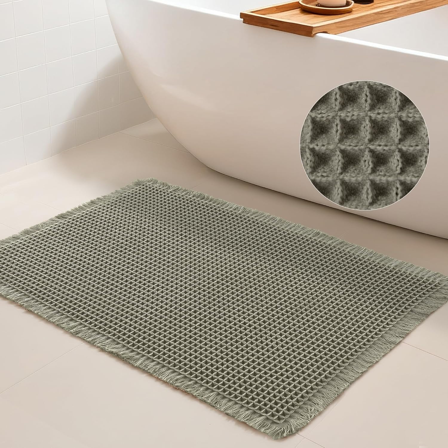Olive Green Waffle Bathroom Mat, Boho Bath Rugs Super Absorbent Non ...