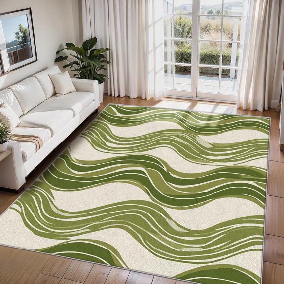 Olive Green Wave Area Rugs, Modern Wavy Abstract Pattern Carpet, Washable Non Slip Low Pile Soft Rug for Living Room Bedroom Decor Mat 2x3ft
