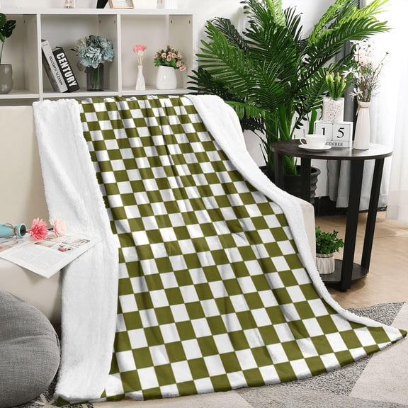 Olive Green and White Checkerboard Pattern Blanket,Comfortable Soft Lamb Wool Throw Blanket,All Season,Warm Lightweight Blankets for Sofa Bed Couch Living Room Chair,50"x60"