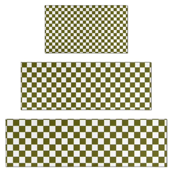 Olive Green and White Checkerboard Pattern Kitchen Rugs Sets Of 3,Kitchen Runner Rugs Non Skid Washable,Decorative Kitchen Floor Mats for Kitchen,Sink,Laundry,17"x30"+ 17"x47" + 17"x59"