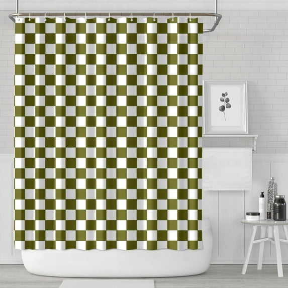Olive Green and White Checkerboard Pattern Shower Curtain 84"x72" ,Bathroom Decorative Shower Curtains Set with 12 Hooks,Modern Waterproof Washable Shower Curtain