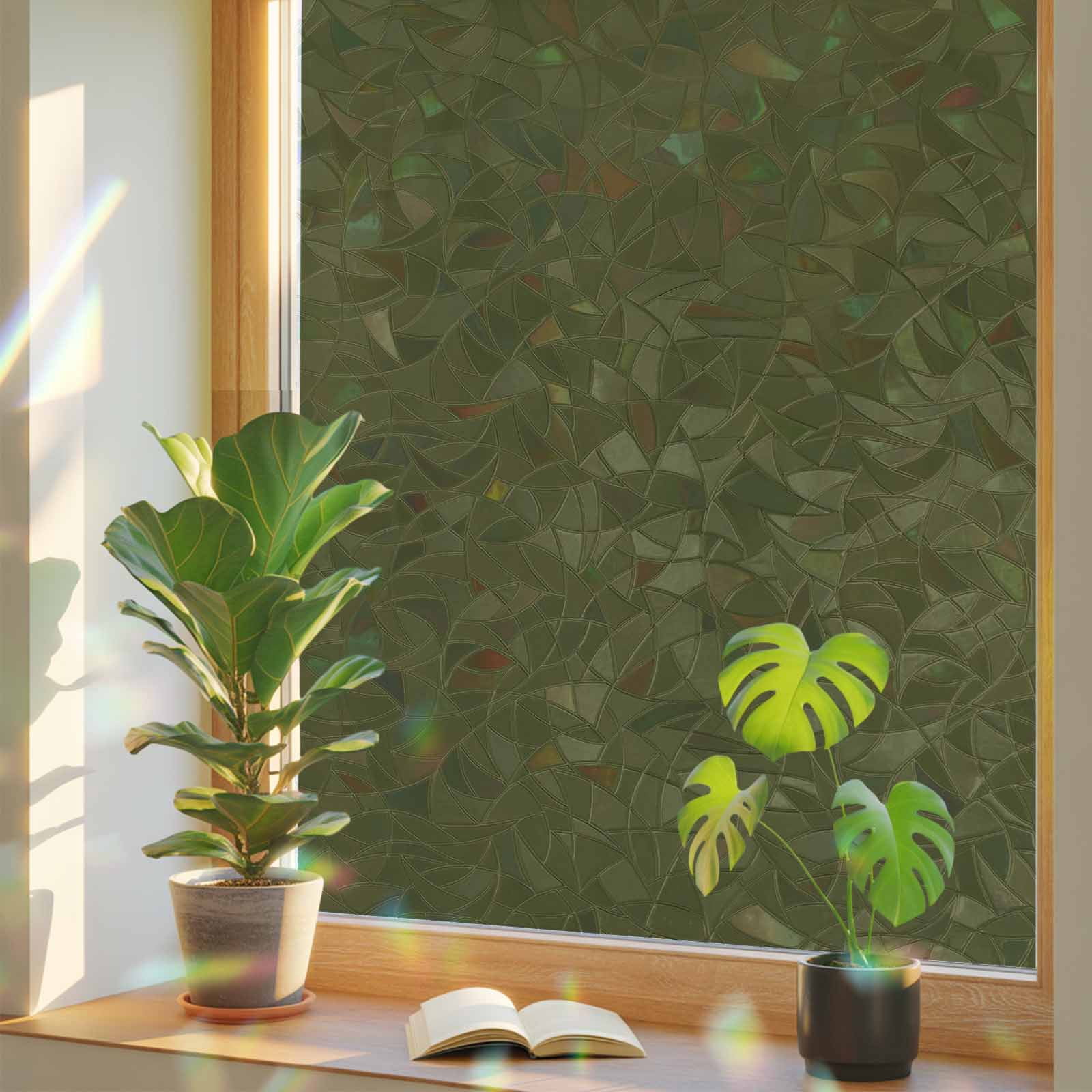 Sticker Plain Color Olive Green Window Privacy Film, Solid Color Stained Glass Rainbow Film ...