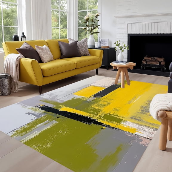 Olive Green Yellow Gray Area Rugs, Oil Painting Abstract Design Carpet, Washable Non Slip Low Pile Rug for Living Room Bedroom Guestroom Laundry Decor Mat 2x3ft