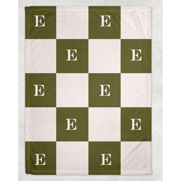 Olive Green and Ivory Checkerboard Initial E Fleece Blanket, Polyester Fleece Fabric, 280 GSM, Geometric Style