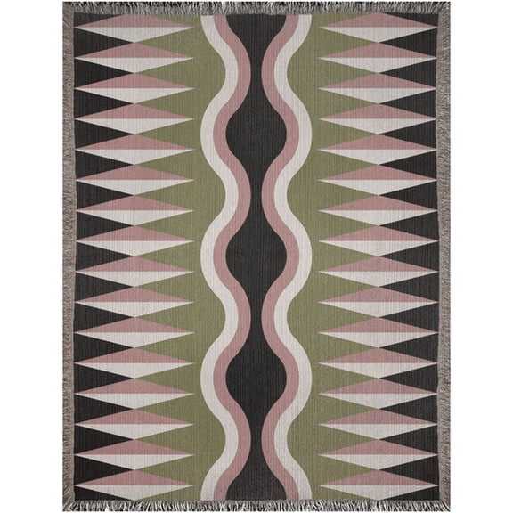 Olive Green and Pink Wavy Zigzag Woven Throw Blanket, 100% Cotton, Fringed Edges