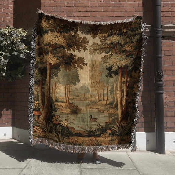Water Tree Olive Green and Rust Woodland Lake Woven Blanket, 100% Cotton, Trees ...