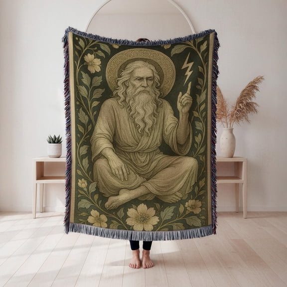 Olive Green and Tan Zeus Lightning Bolt Woven Blanket, 100% Cotton, Greek Mythology Floral Style