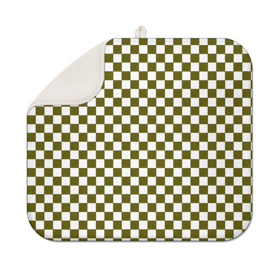 Olive Green and White Checkerboard Pattern Dish Drying Mat for Kitchen 1 Pack, Ultra Absorbent Microfiber Dishes Drainer Mats,16"x18"