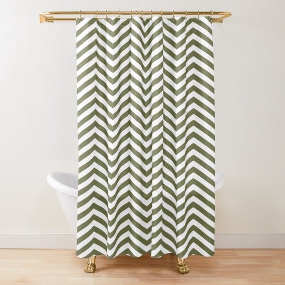 Olive Green and White Chevron Shower Curtain, 100% Polyester, Geometric Zigzag Style for Bathroom