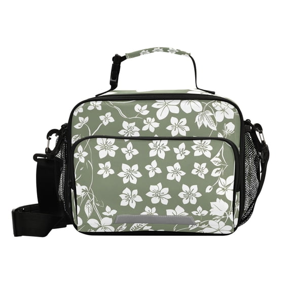 Olive Green with White Flowers Insulated Lunch Bag Portable Cooler Bag Mommy Bag Large Capacity 6L
