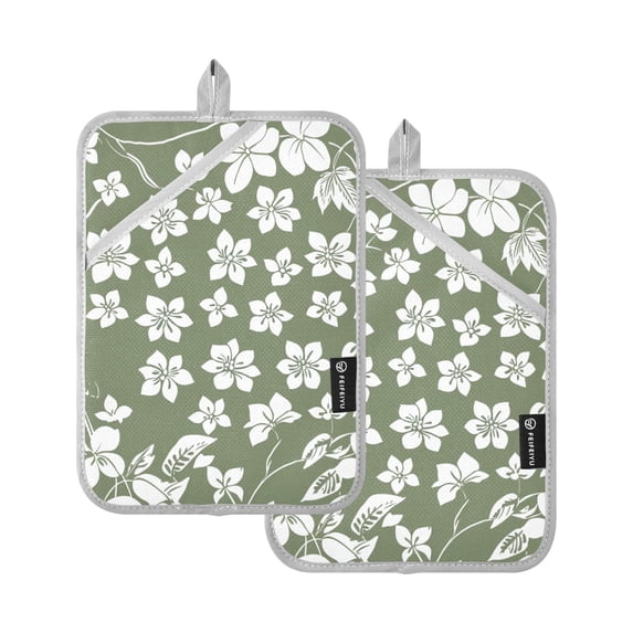 Olive Green with White Flowers Oven Mitts Pot Holders 2 pcs Heat Resistant for Kitchen Baking Grilling