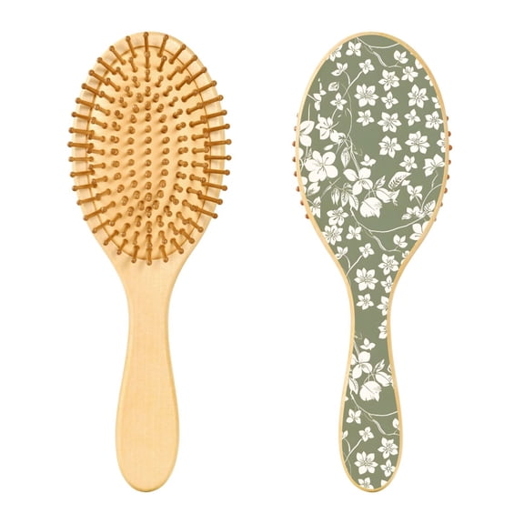 Olive Green with White Flowers Wooden Hair Brush Natural Detangling Brush with Comfortable Bristles for All Hair Types