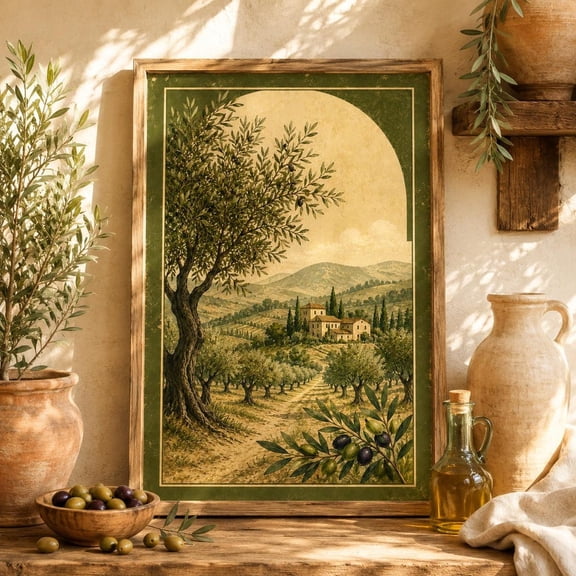 Olive Grove Tuscany Landscape Print, Unframed Paper Poster 16x20in