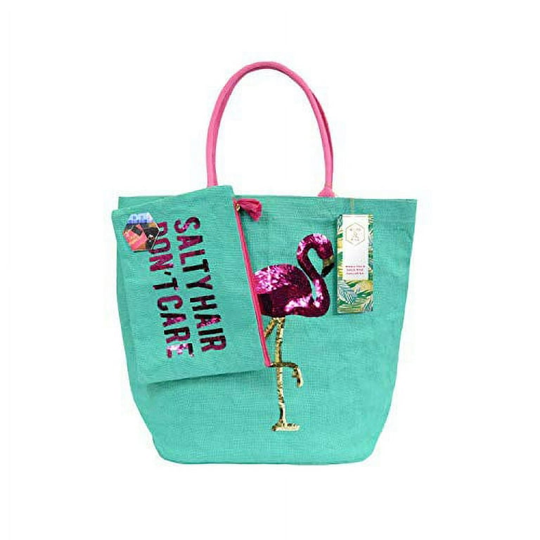 Olive Hill Jute Tote Bag and Matching Carry All Clutch Set Aqua Flamingo Walmart