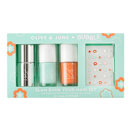 Olive & June + Bubble Slam Dunk Your Mani Set, Includes 3 Nail Polishes and Nail Art Stickers