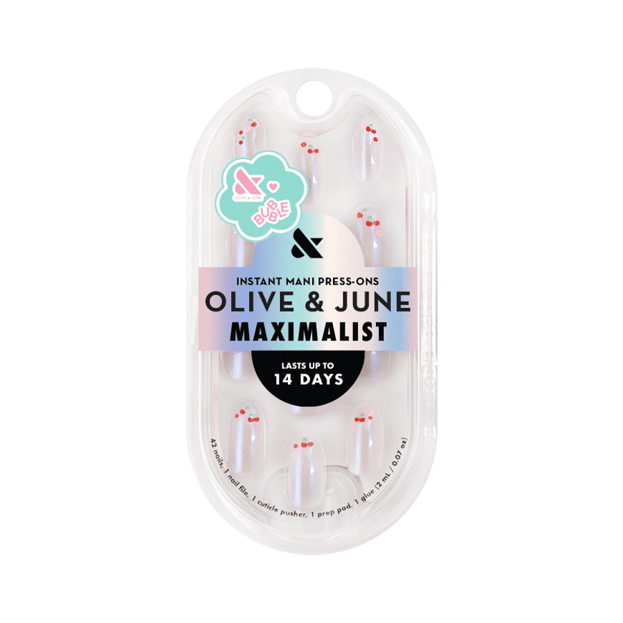 Olive & June + Bubble Instant Mani Medium Oval Press-on Nails, Cherry Floral Chrome French, 42 Pieces