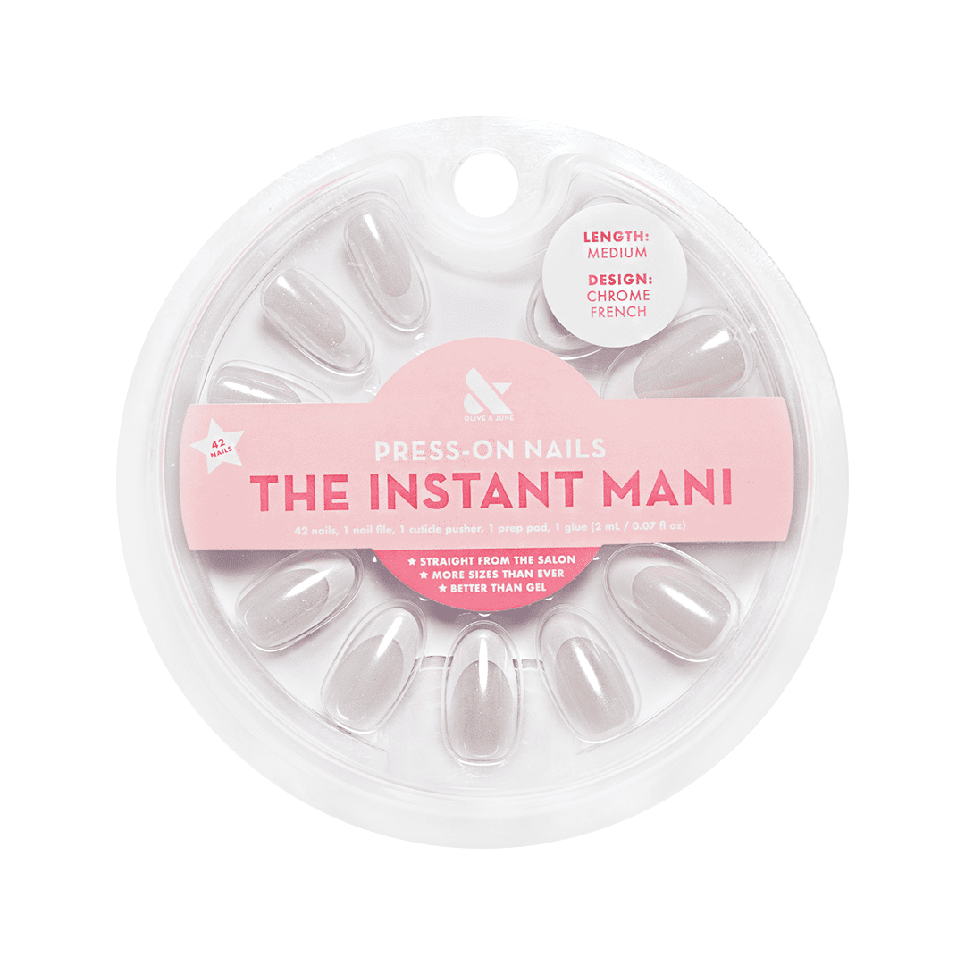 Olive & June Instant Mani Medium Oval Press-On Nails, Chrome French, 42 Pieces