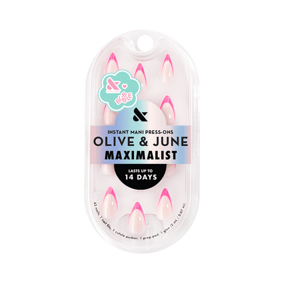 Olive & June + Bubble Instant Mani Medium Stiletto Press-on Nails, Neon Pink French, 42 Pieces