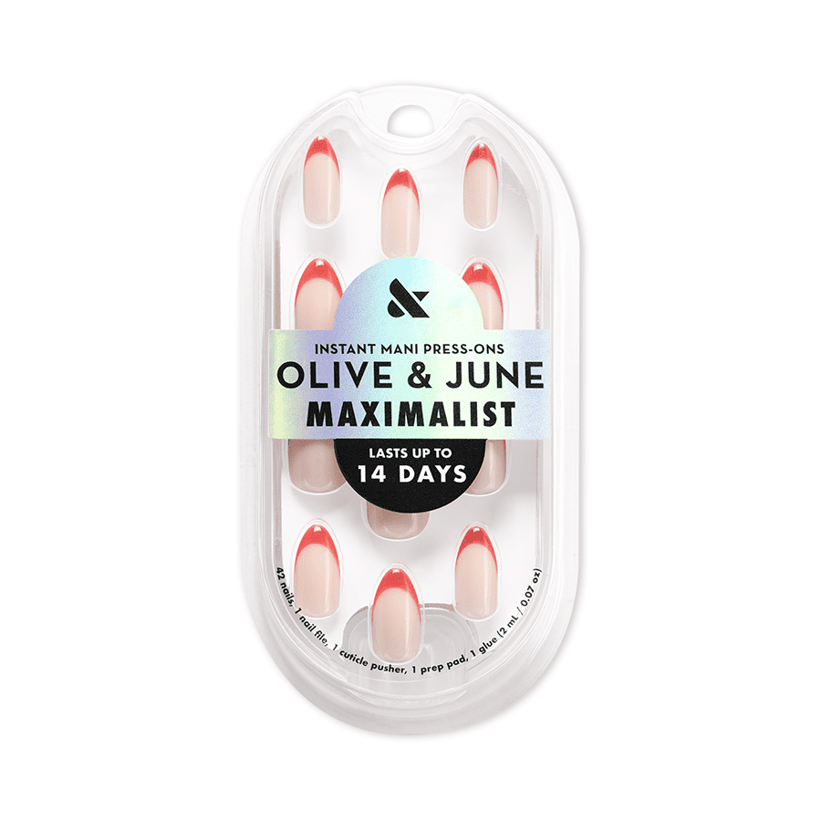 Olive & June Instant Mani Maximalist Medium Almond Press-On Nails, Thick Velvet Hot Strawberry French, 42 Pieces