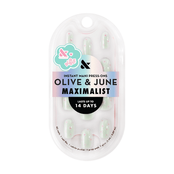 Olive & June + Bubble Instant Mani Short Round Press-on Nails, Teal Chrome Flower Shower, 42 Pieces