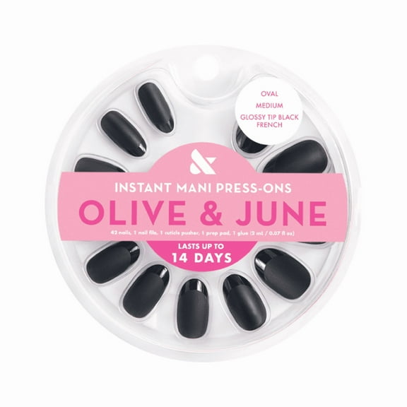 Olive & June Instant Mani Medium Oval Press-on Nails, Glossy Tip Black French, 42 Pieces