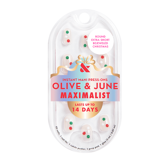 Olive & June Press On Maximalist Bejeweled Christmas, Extra Short, Round