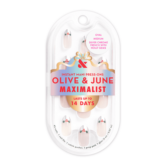 Olive & June Press On Maximalist Silver Chrome French with Holly Gems, Medium, Oval