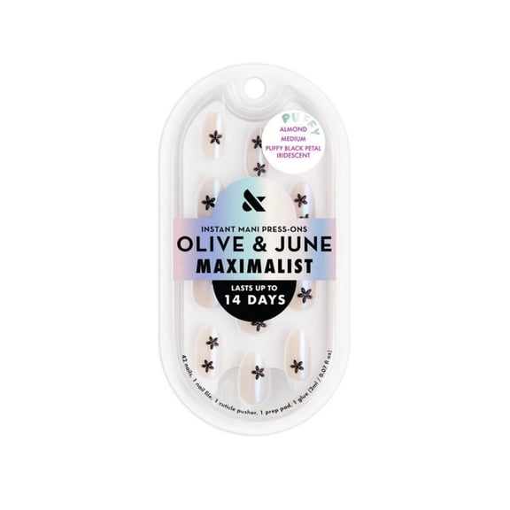 Olive & June Press-On Fake Nails - Maximalist - M Almond - Puffy Black Petal Iridescent - 42ct