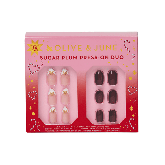 Olive & June Sugar Plum Holiday Press-On Nails Duo Gift Set, Gold Bow French & Velvet Obsessed, 42 Pieces (2 Pack)