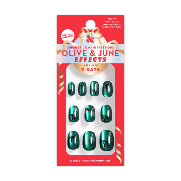 Olive & June Super Stick Effects Emerald Velvet w Black Bow, Extra Short, Round
