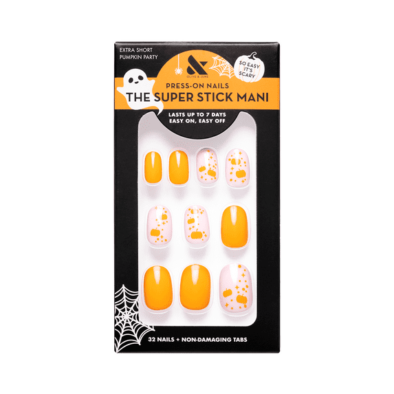 Olive & June Super Stick Mani Extra Short Round Press-On Tabs, Pumpkin Party, 32 Pieces