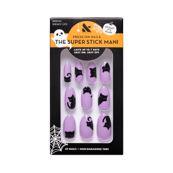 Olive & June Super Stick Mani Medium Oval Press-On Tabs, Sneaky Cats, 32 Pieces